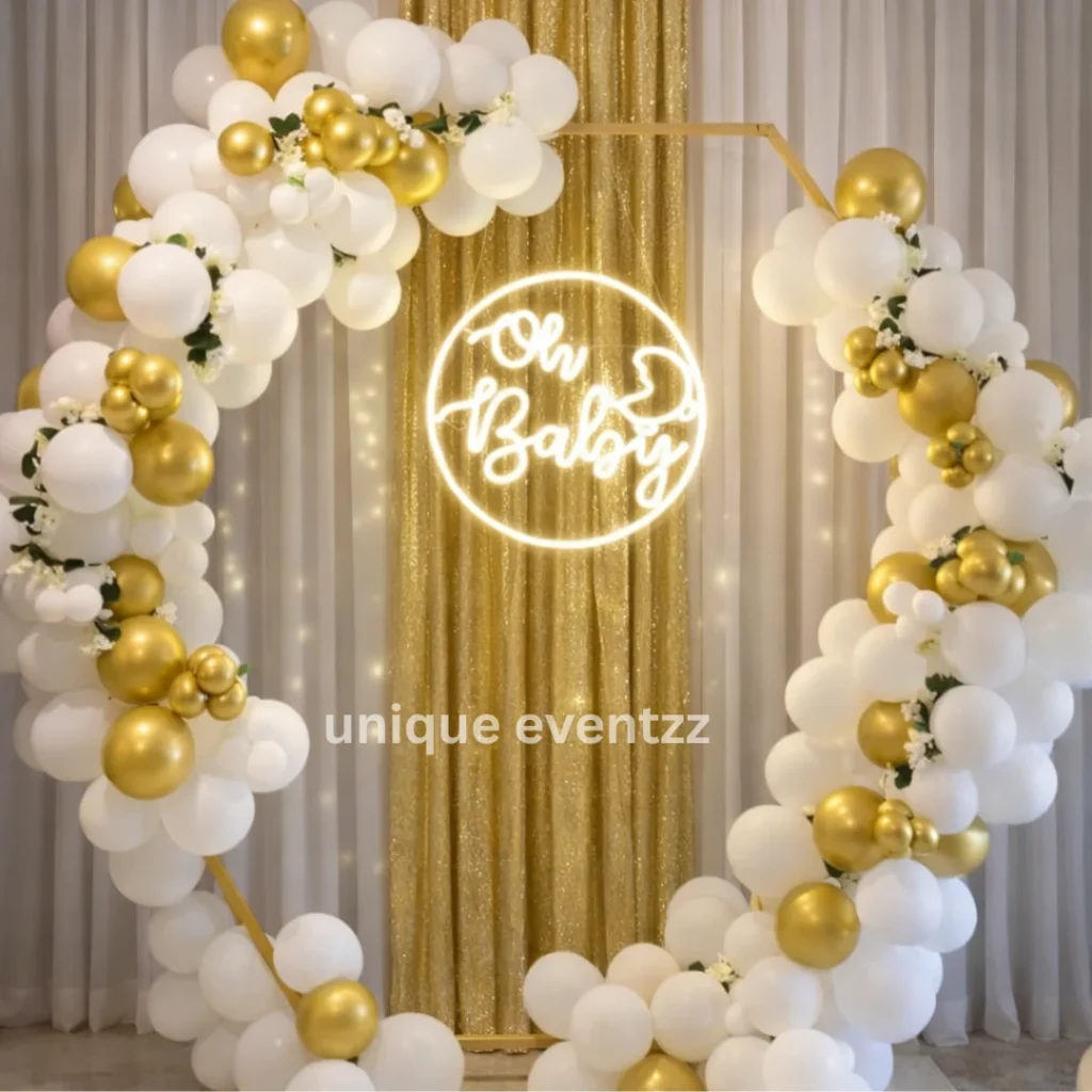White Hexagon Oh Baby Neon Backdrop