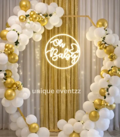 White Hexagon Oh Baby Neon Backdrop